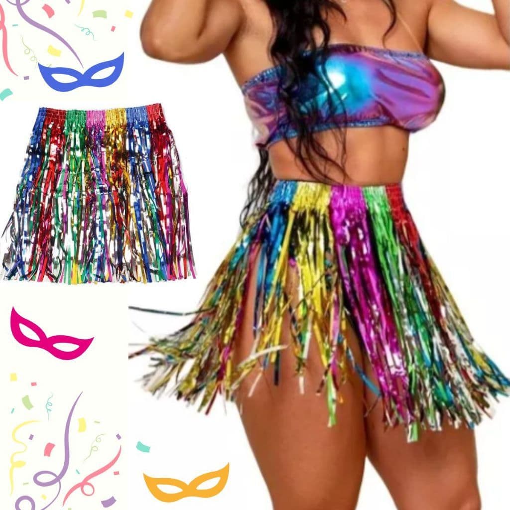 Saia de Carnaval Fantasia Feminina Colorida Fitas Tiras Festa Fitada