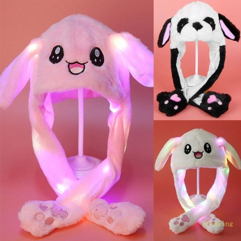 Gorro de Coelho de Desenho Animado Treeling, Chapéu de Inverno com Orelhas de Coelho Móveis de Pelúcia e Protetores de O