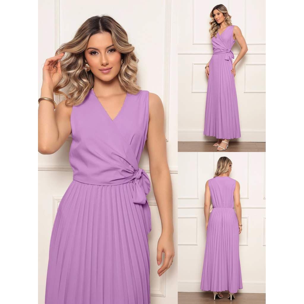 Longo Vestido Feminino Sem Mangas Em Tecido Leve Com Cintura Ajustável E Saia Plissada Look Leve E Refinado Para O Verão