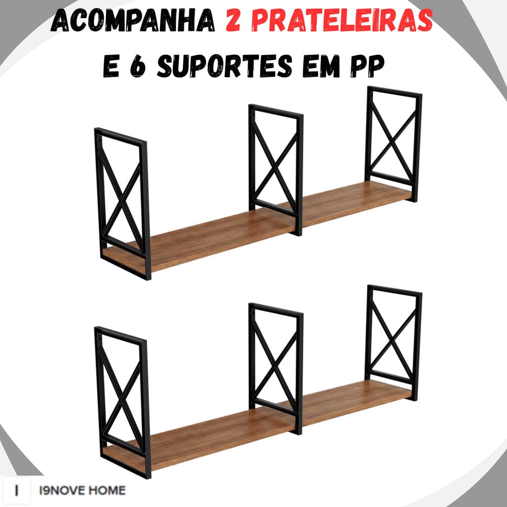 Kit 2 Prateleira Estilo Industrial Modelo Prime 20X110CM Em MDF Acompanha 1 Prateleira Are