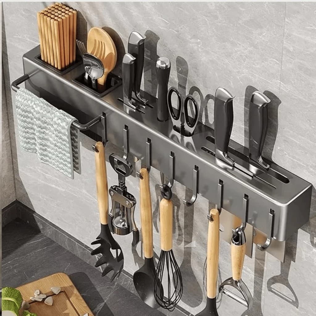 Suporte Organizador Cinza Utensílios 6 10 Ganchos Parede Porta Talheres Facas Espátula