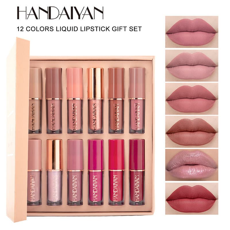 Conjunto de esmalte labial livro de 12 cores, venda imperdível, batom líquido, espelho perolado, à prova d'água, copo an