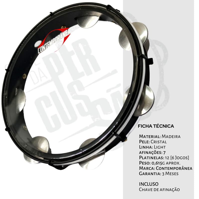 Pandeiro Contemporânea Original 12" Light Black Pele Transparente Leve Samba Pagode Percussão