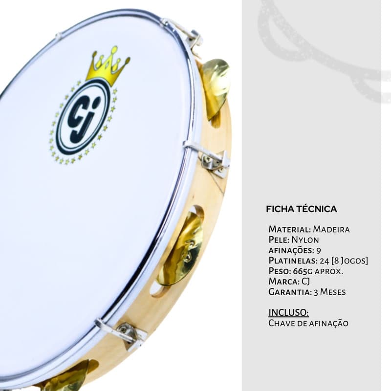 Pandeiro CJ Original 12" Madeira Pele Nylon Branca Artesanal Samba Pagode