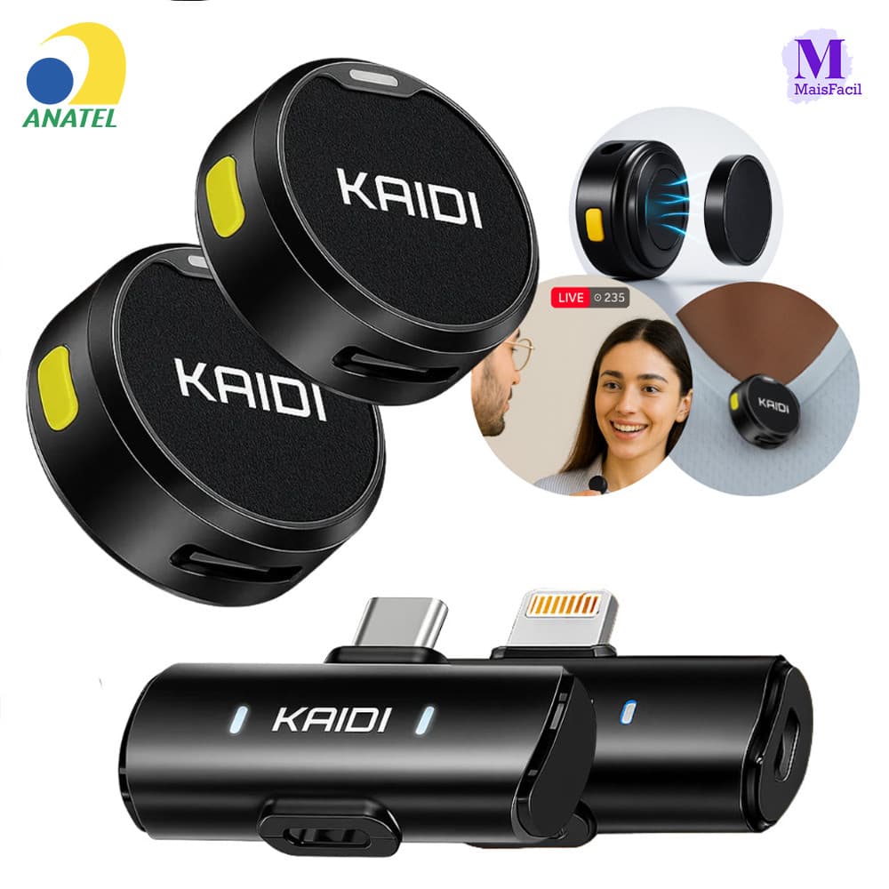 Kit Kaidi Profissional: 2 Microfones Lapela Sem Fio com Anti-ruído, Imã Redondo e Entrada Dupla USB-C/iPhone