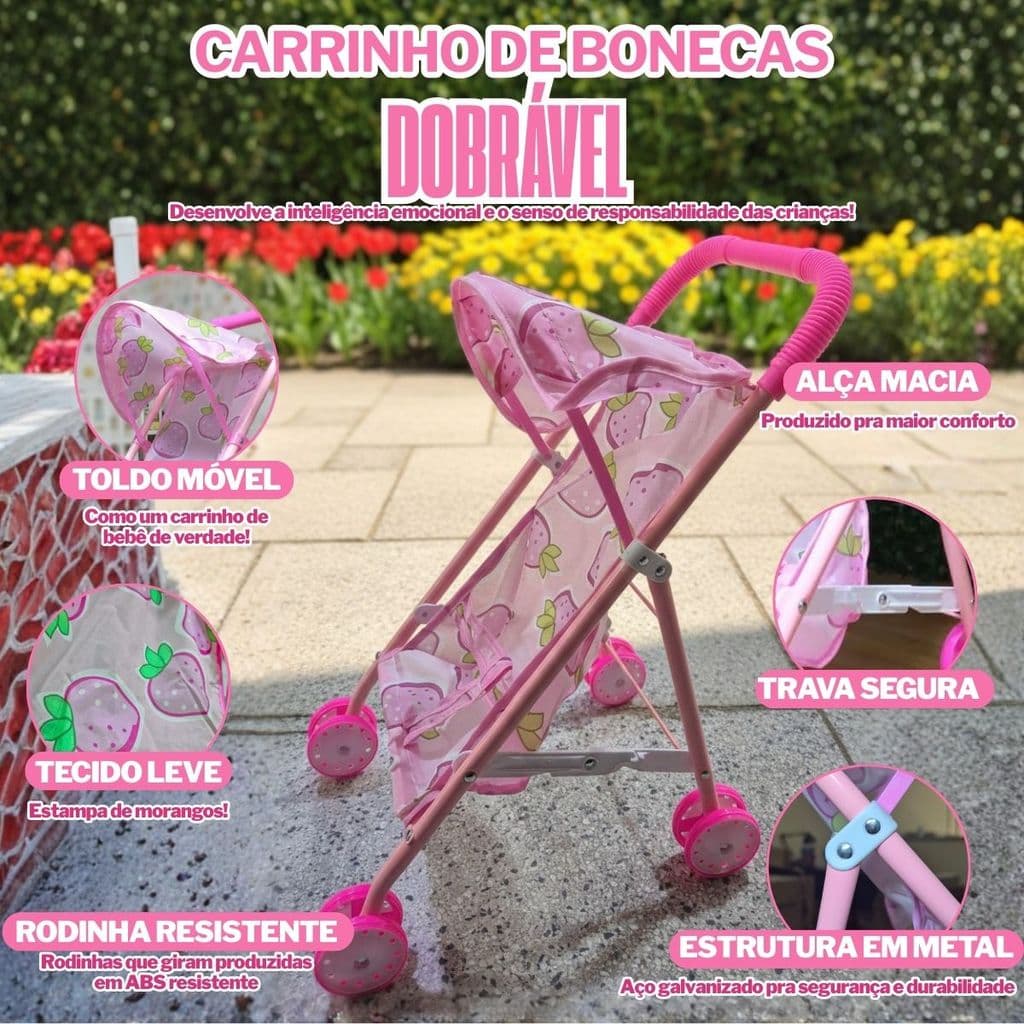 Carrinho Para Boneca Passeio Infantil Dobrável Estampado Morangos Luxo Aço Galvanizado