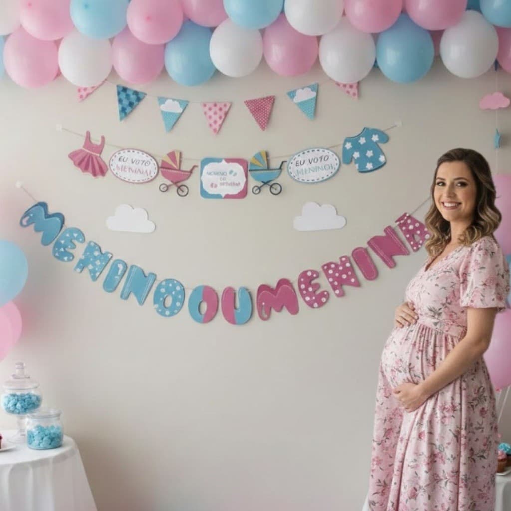 Faixa Menino ou Menina Decorativa Chá Revelação Rosa e Azul carrinho Vestido Blusinha
