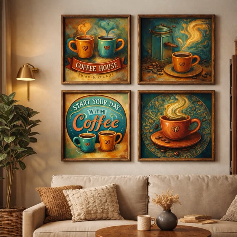 Quadros Decorativos Café Vintage – Kit 4 Peças para Cozinha ou Cafeteria | Decoração Aconchegante