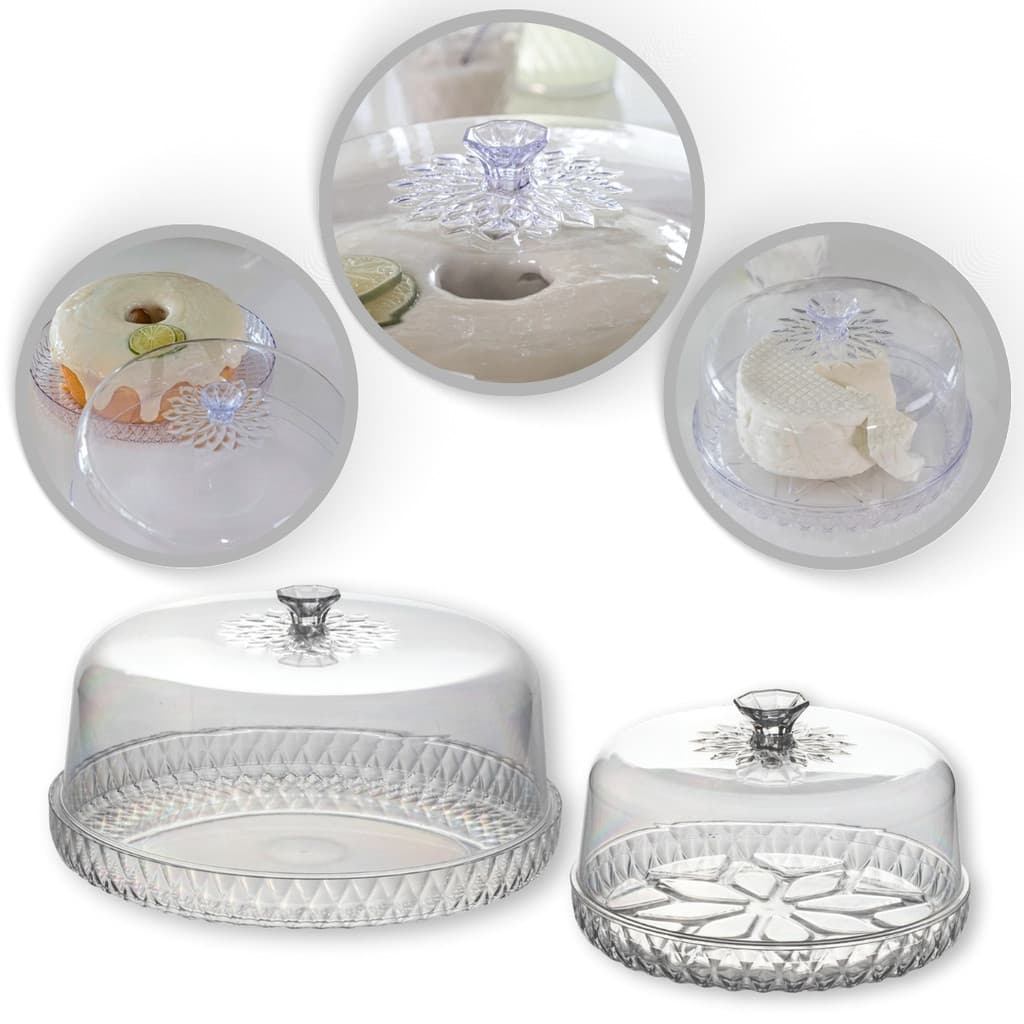 Kit 2 Peças Acrílico Cristal Boleira Queijeira Mesa Refeições Glamour Cozinha Bolo Queijo Cupcake