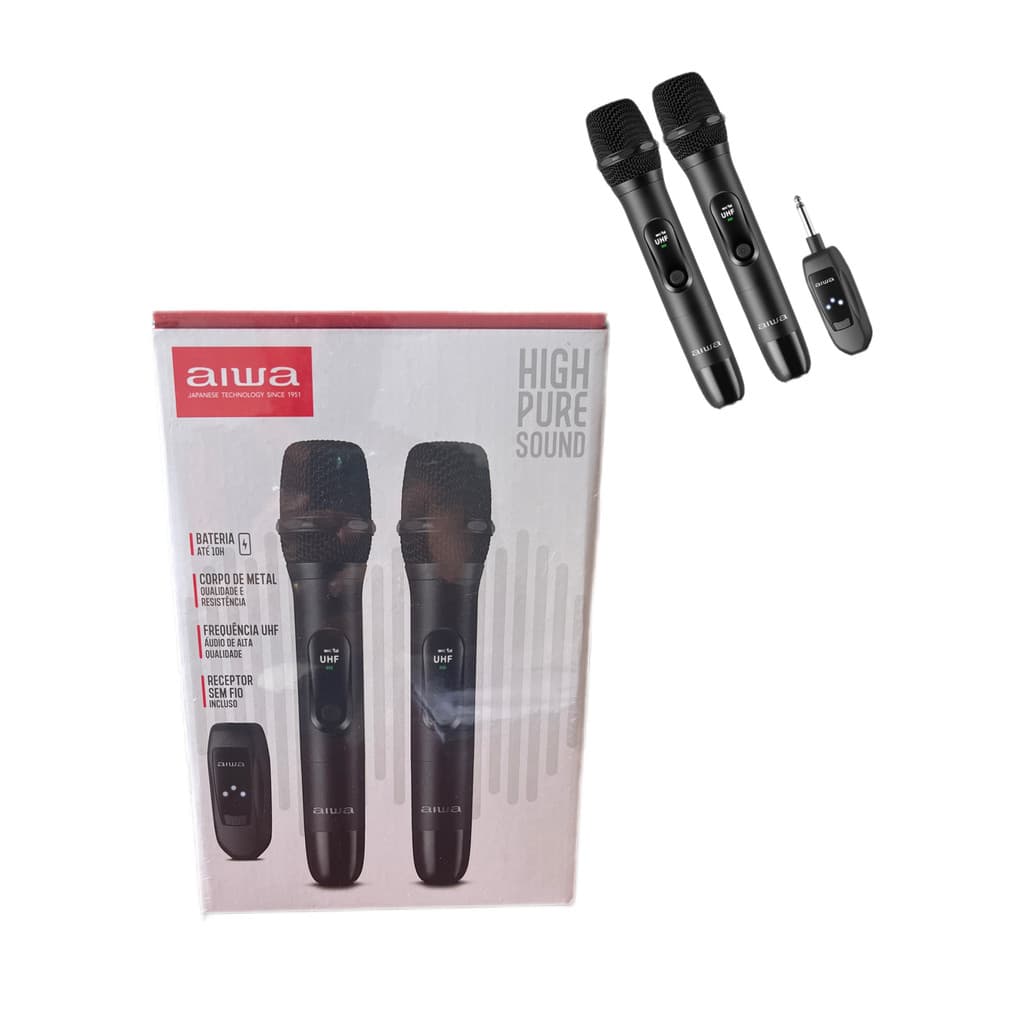 Microfone Aiwa Duplo Sem Fio Karaokê Aws-mic-01 P10 Uhf Preto
