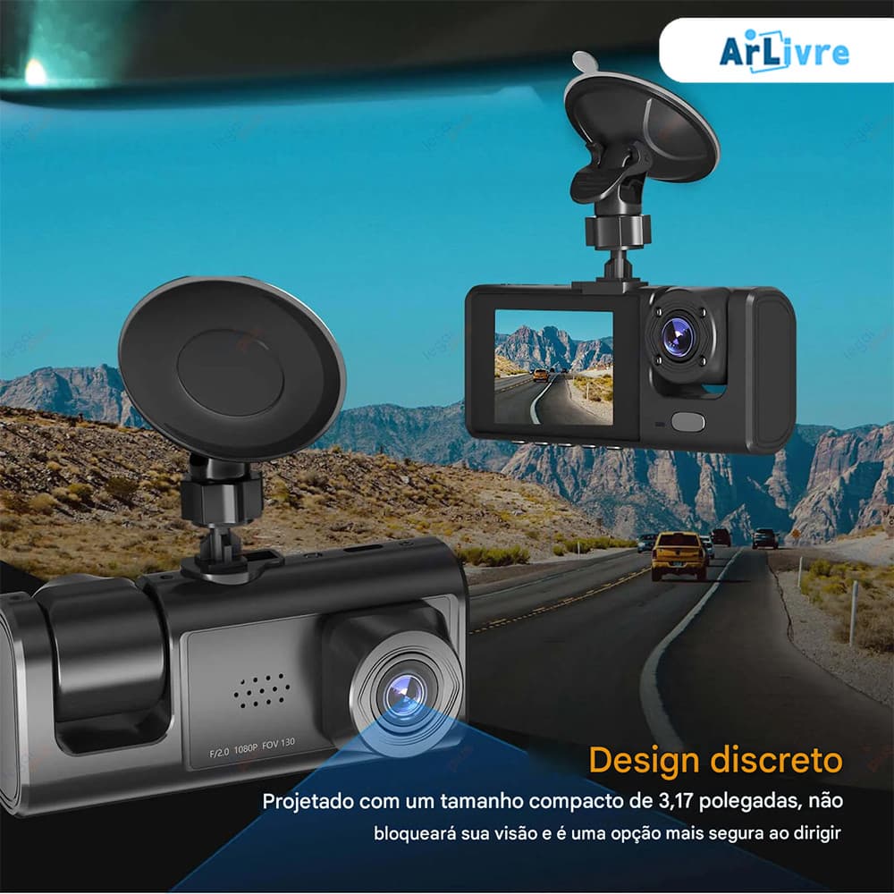 Câmera DVR WiFi 64GB, Espelho Retrovisor 3 Lentes, Gravação 1080P HD e Vigilância de Estacionamento 24h