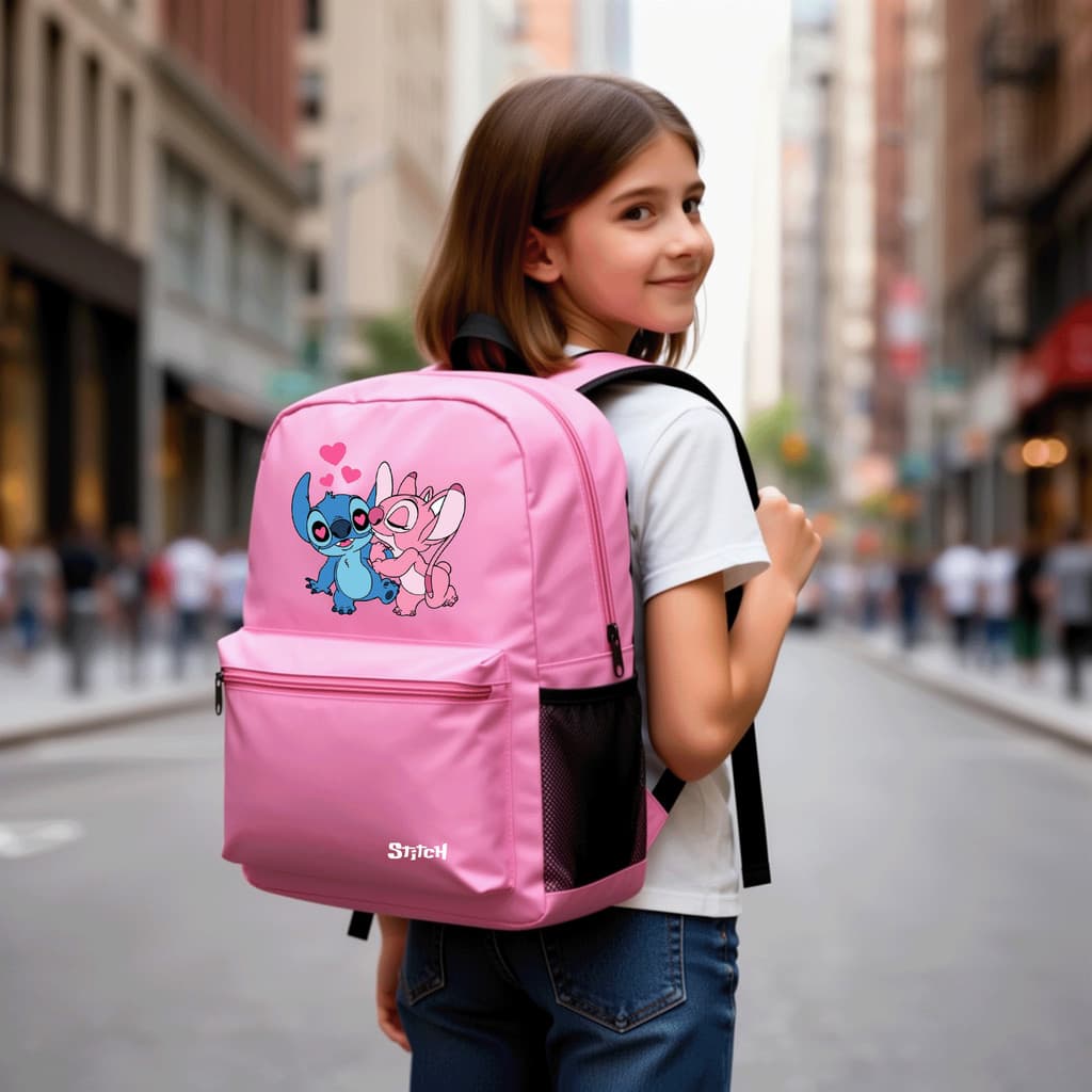Mochila Escolar Stitch e Angel Rosa Azul Preta Feminina Masculina Infantil Juvenil Reforçada