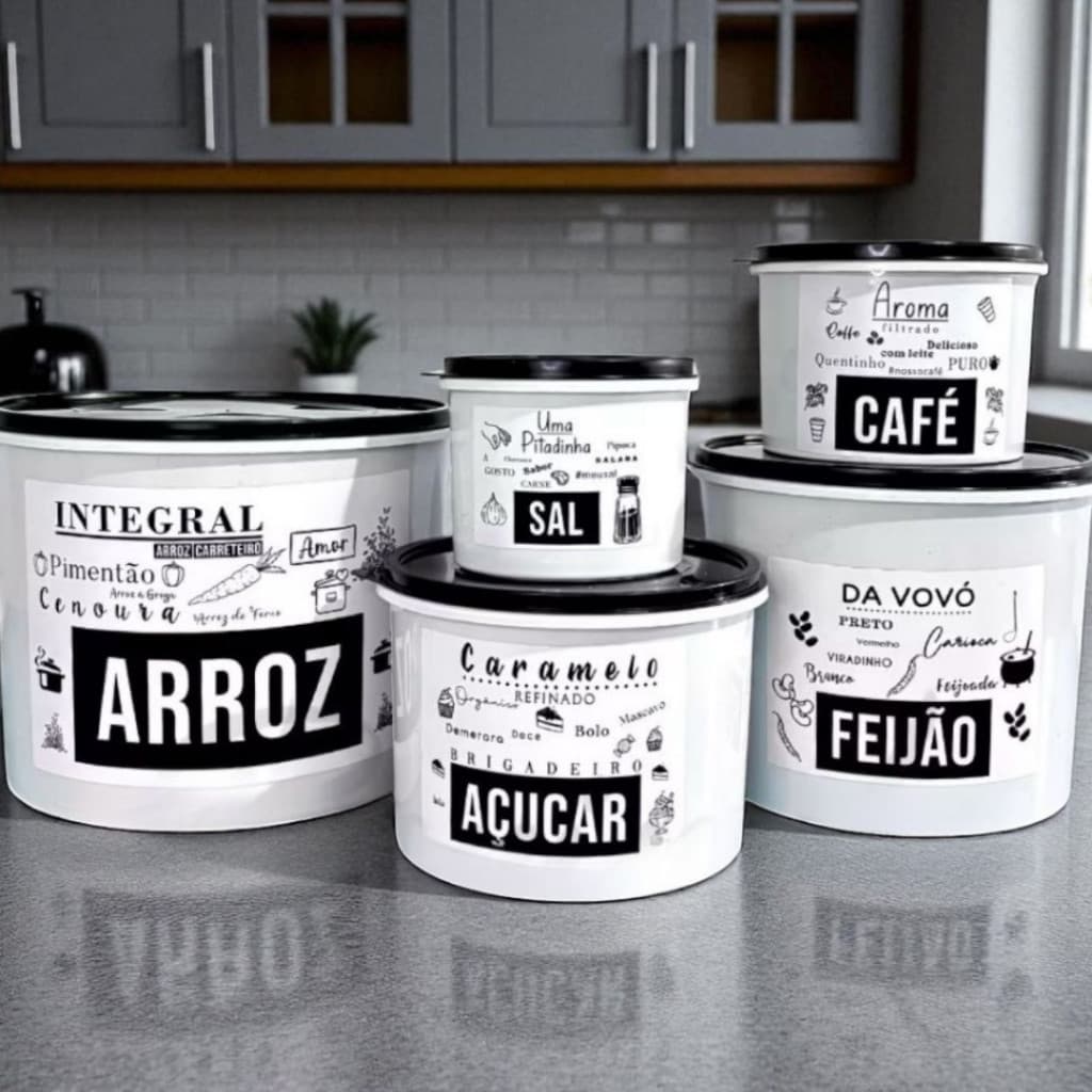 Kit 5 Potes De Mantimentos Pote Branco Tampa Preta Adesivo Integral