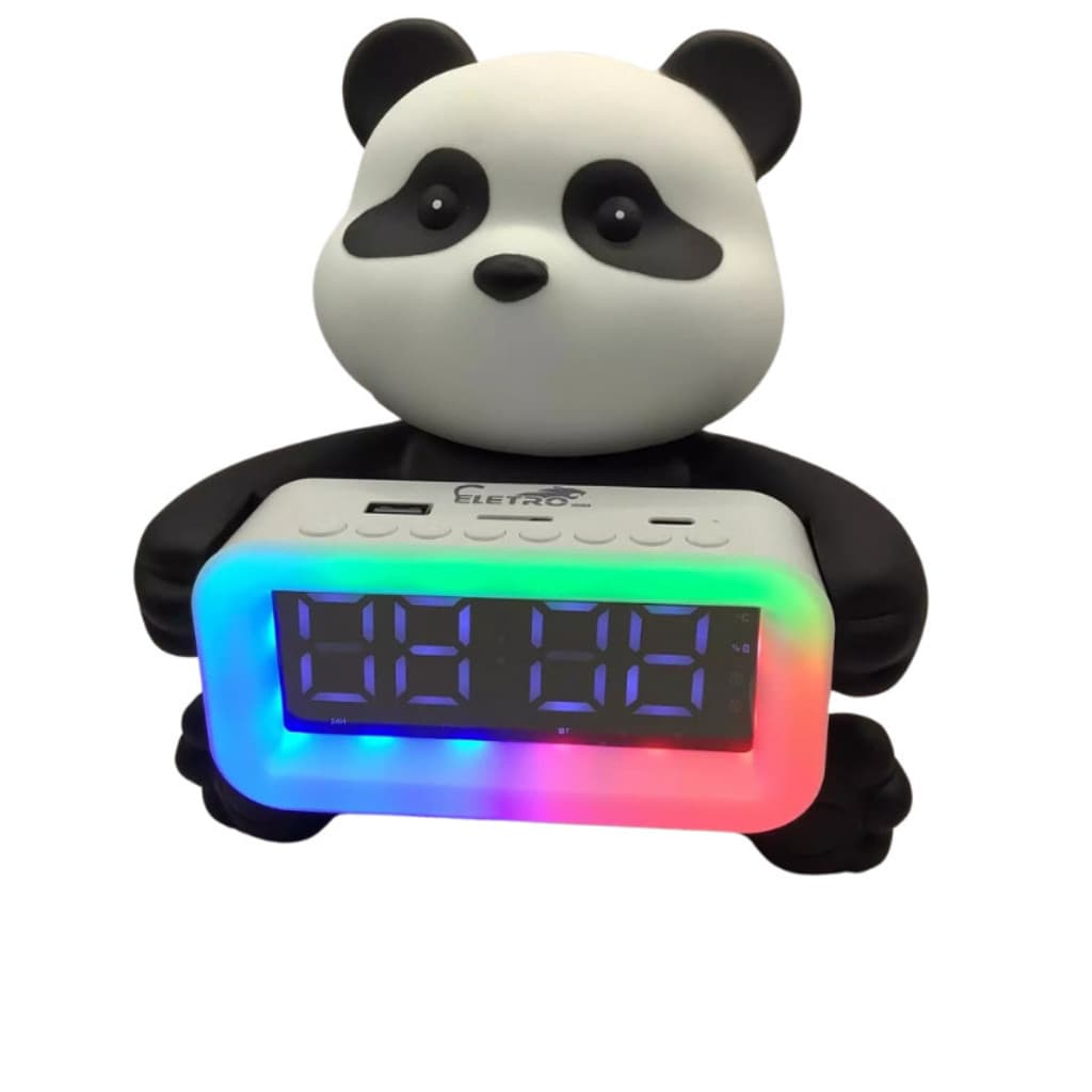 Caixa De Som Bluetooth Urso Panda Relógio Digital RGB LED Kawaii Premium Decorativa