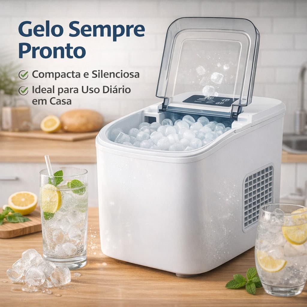 Máquina de Gelo Compacta Automática | Gelo Pronto em Minutos para Sucos e Drinks