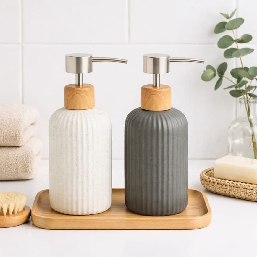 Porta Sabonete de Porcelana Decorativo Elegante Banheiro Frasco Dispenser Branco Cinza