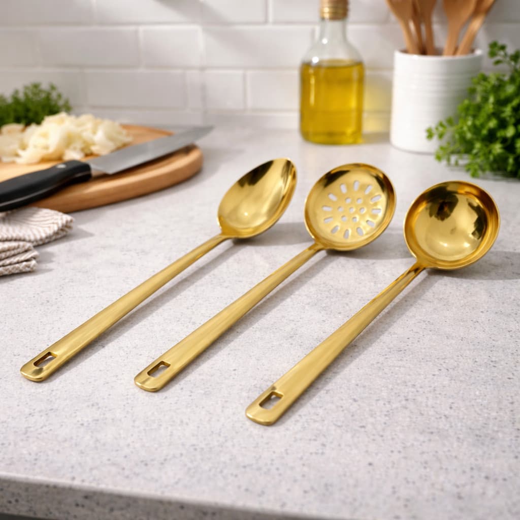 Kit 3 Utensilios Dourado de Cozinha Escumadeira Concha Colher de Arroz Aço Inox