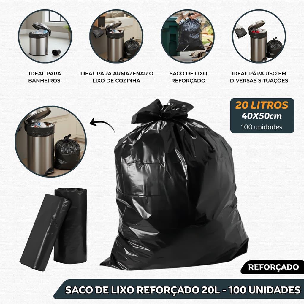 Saco de Lixo 20 Litros Preto Reforçado com 100 Unidades Resistente para Uso Doméstico Comercial