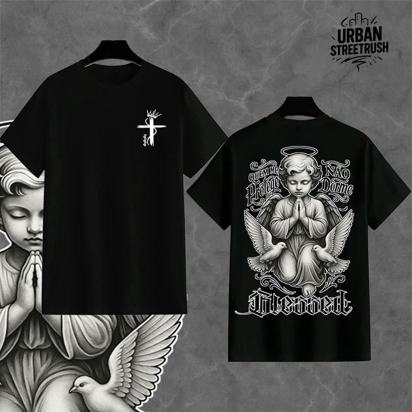 LANÇAMENTO: Camiseta Streetwear "Anjo BLESSED" - 30.1 Algodão, Estampa Elegante e Visual Imponente