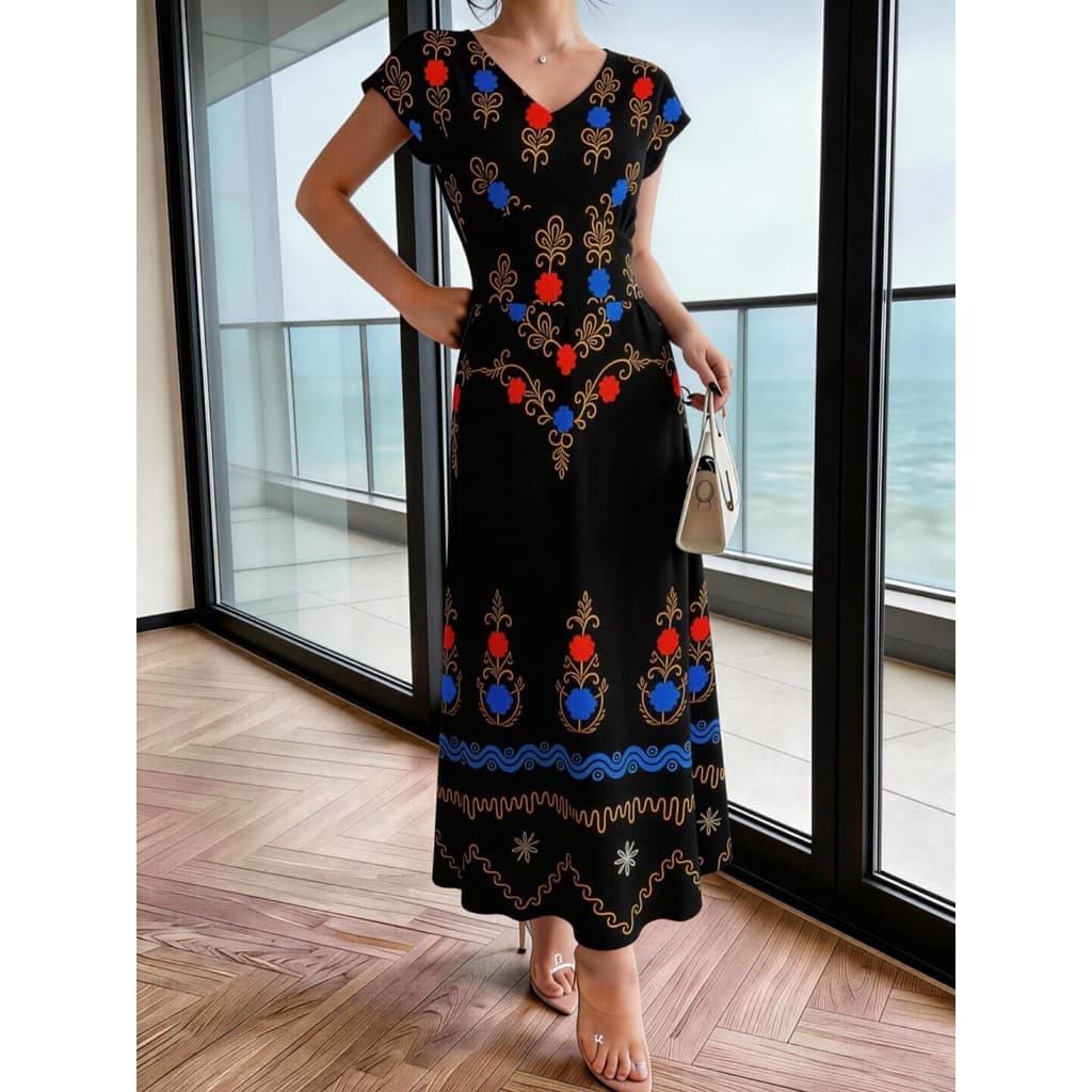 Vestido Longo Elegante Feminino De Verão Com Cintura Elástica E Mangas Bufantes Para Primavera/Verão Elegante