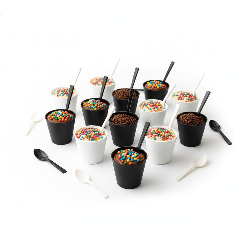 Kit 100 Copinho 25ml Branco Preto Docinho Brigadeiro Tacinha Acrílico + Mini Colher