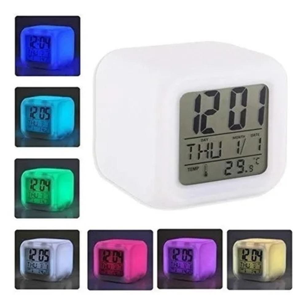 Relogio Digital Despertador Cubo Colorido Luminaria Infantil Led 7 Cores Termometro Calendario Alarme