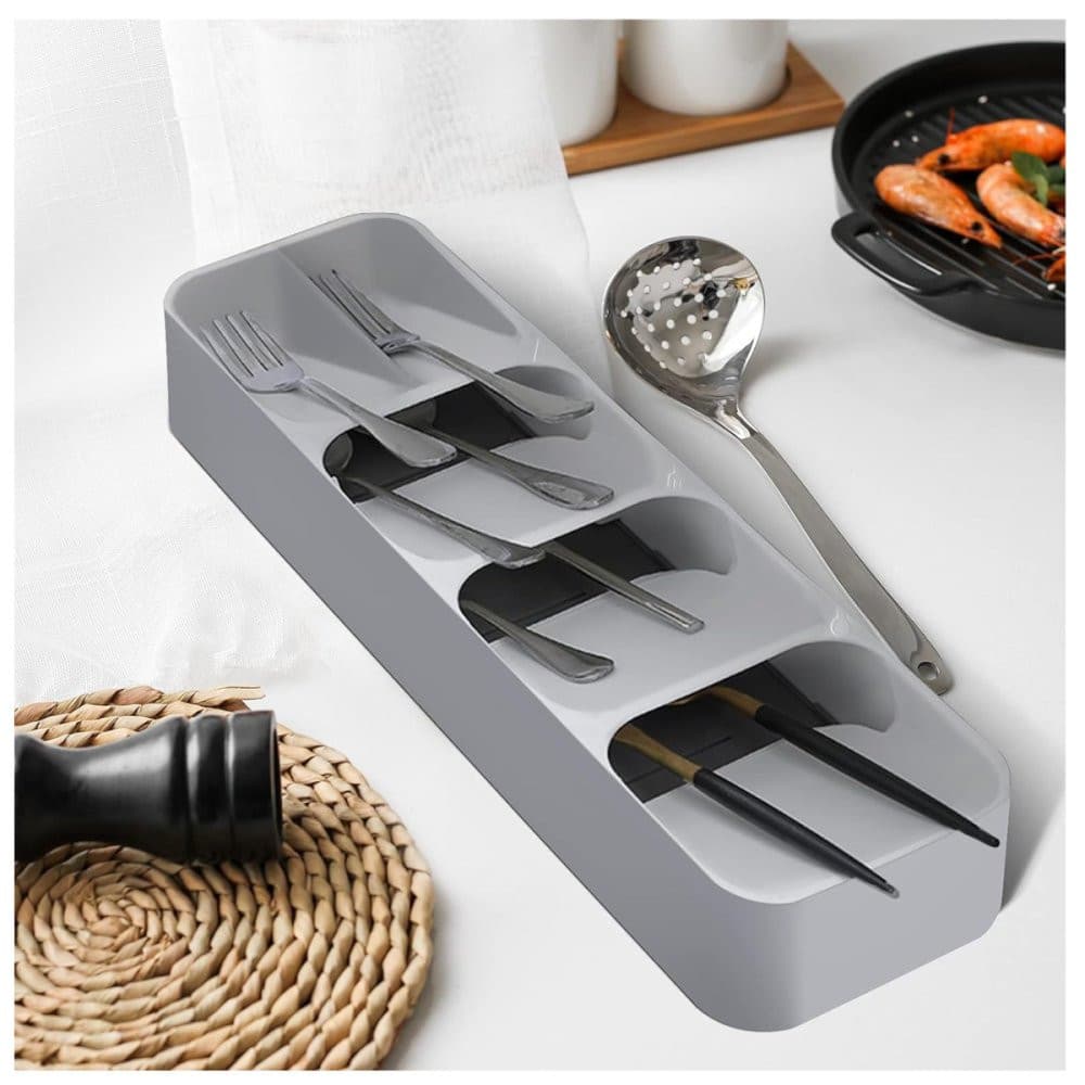 Organizador porta talheres gaveta cinza divisórias faca colher garfo cozinha armário compacto