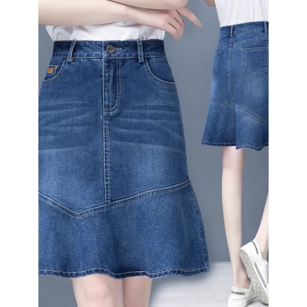 Saia jeans feminina 2025 novo estilo primavera outono cintura alta mais magro olhar a linha Fishtail saia plissada saia
