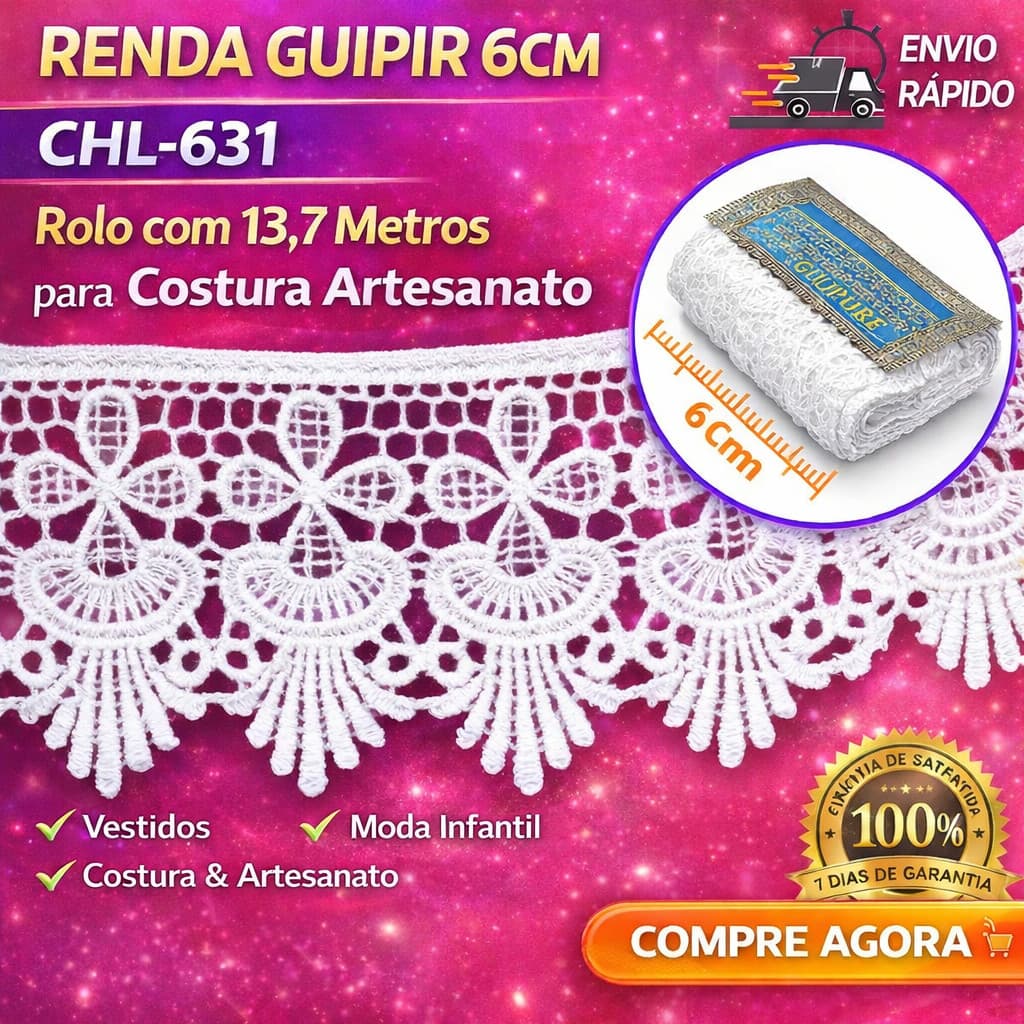 Renda Guipir CHL-631 6.0 Cm - Rolo C/13.7 Metros Cor:Branco
