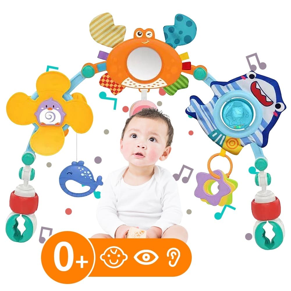 Arco-Chocalhão Ajustável Para Carrinho De Bebê E Cadeirinha De Carro, Com Brinquedos Sensoriais Pendurados.
