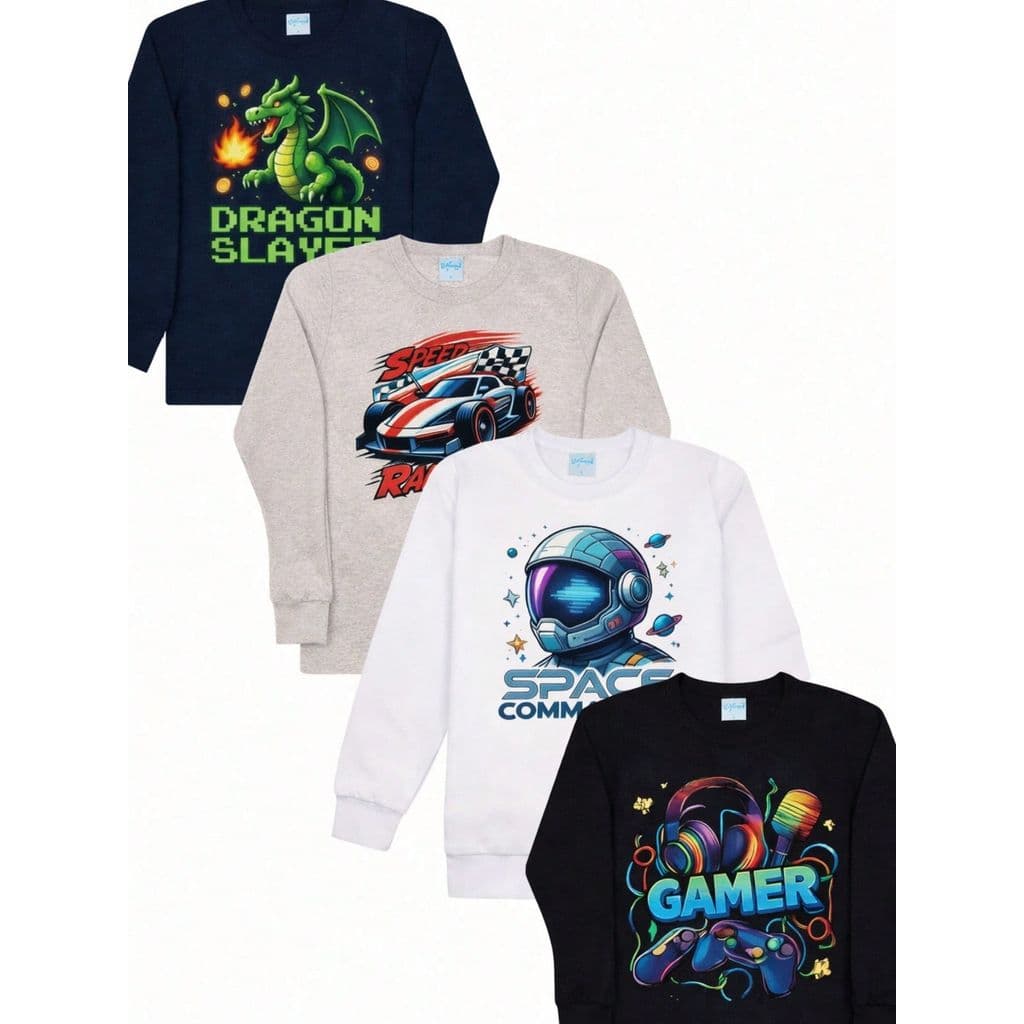 Kit 4 Camiseta Manga Longa Juvenil Infantil Menino Estampada Divertidas Camiseta Escolar Meia Estação Primavera Outono