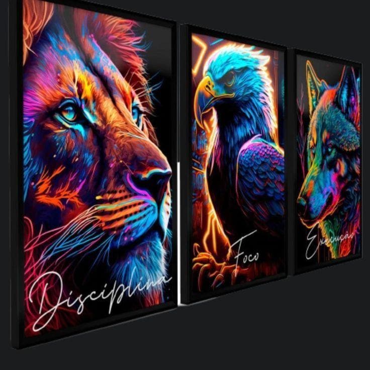 quadros personalizados leão aguia e lobo diciplina foco e execução auta ressolução maquina nova moderna kit com 3