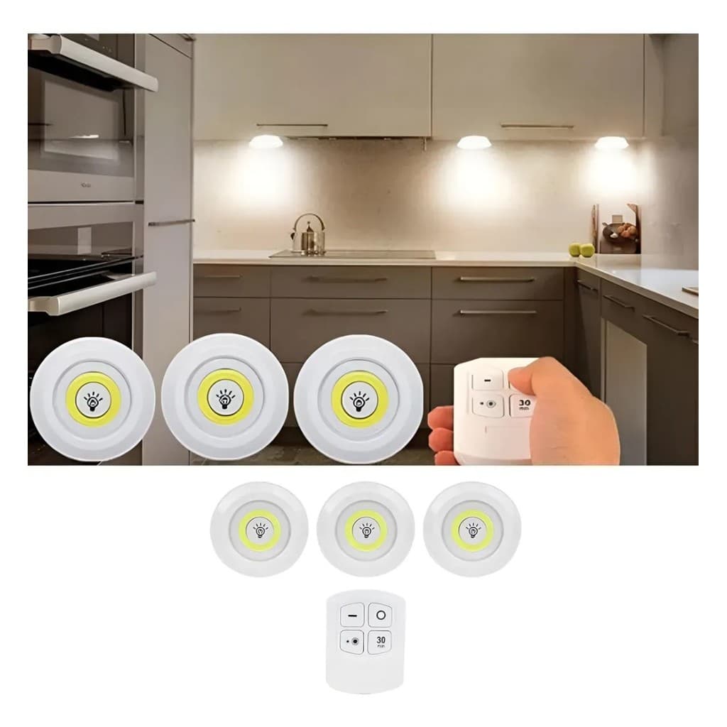 3 conjuntos de lâmpadas sem fio LED brancas frescas sem fio, adequadas para cozinha e quarto, com controle remoto