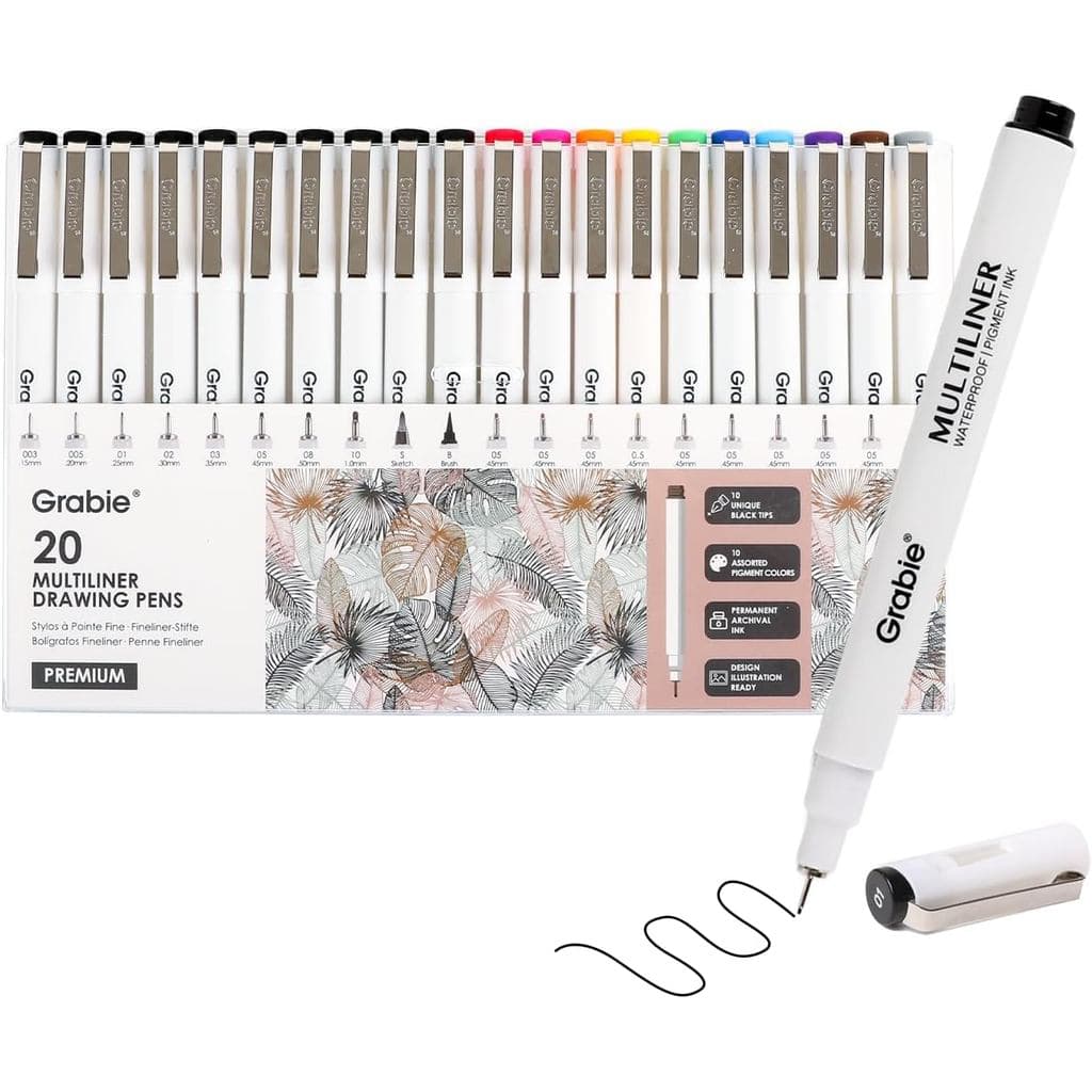 Conjunto de 20 Canetas de Desenho Multiliner Impermeáveis Grabie (10 Pontas Únicas de Tinta Preta e 10 Cores Variadas),