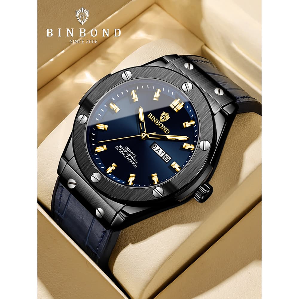 BINBOND Relógio masculino totalmente automático à prova d'água luminoso Casual negócios calendário duplo relógio de puls