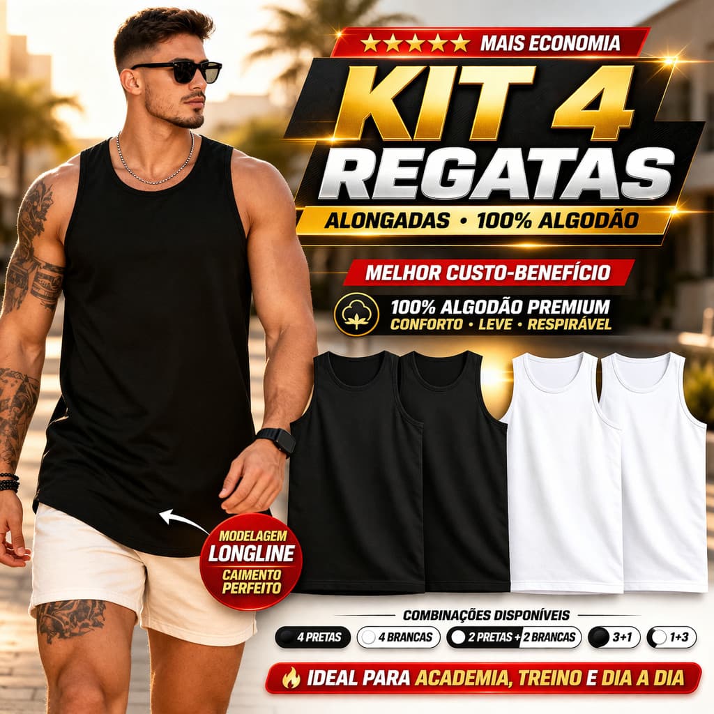 Kit 4 Regatas Masculinas Alongadas 100% Algodão Longline Conforto Academia Treino