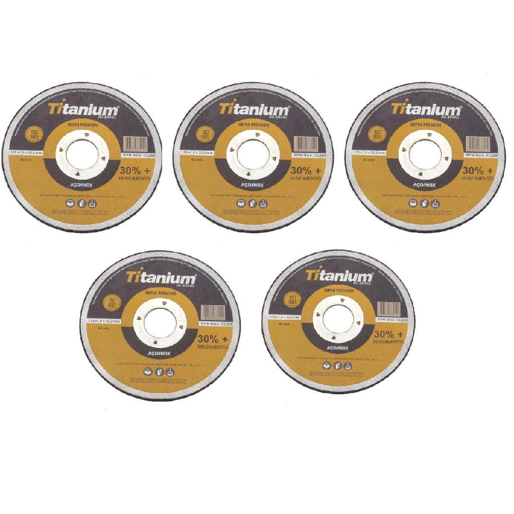 Kit Com 5 Discos Corte Fino Super Premium 4.1/2" X 1,0 X 7/8 Modelo 05047 Titanium