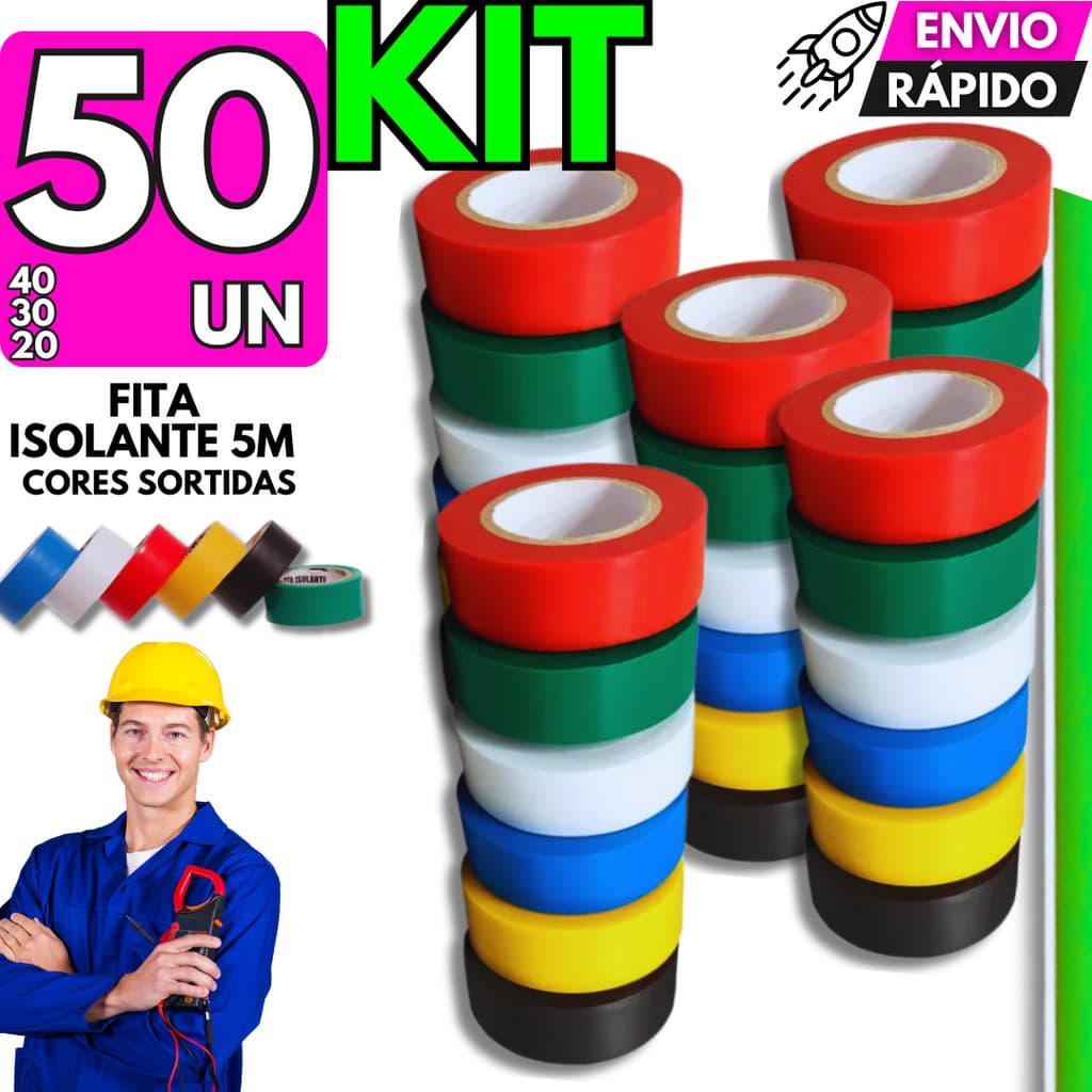 Fita Isolante Colorida Antichama Kit 50/40/30/20 Adesiva Fio Isolamento Construção Reparo Eletrica