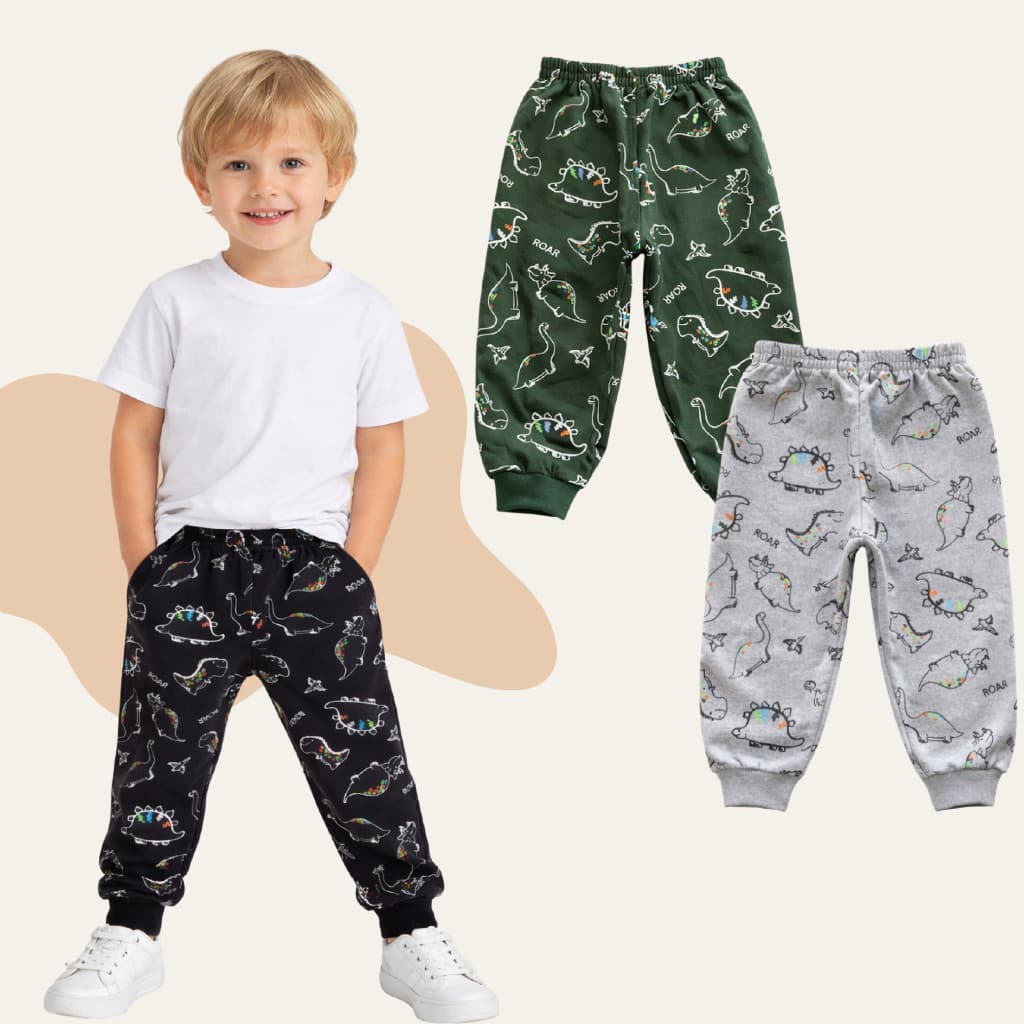 Kit 3 Calças Bebê Moletom Infantil Menino Estampada Dinossauro 1-2-3