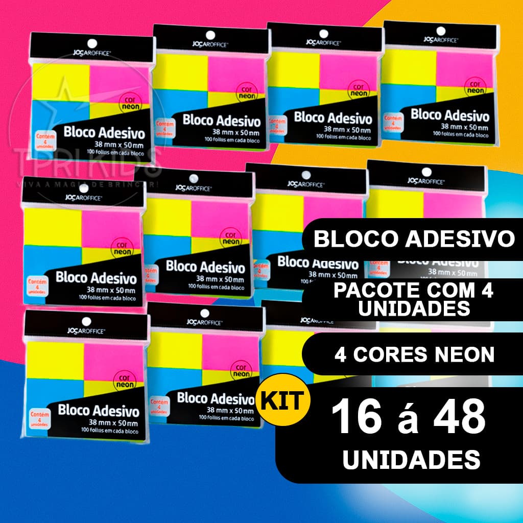 Kit 16 Á 48 Bloco Adesivo 38mm x 50mm Colorido Neon para Anotações Papel Autoadesivo Material Escola
