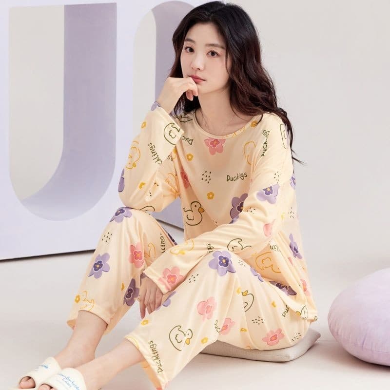 Pijamas femininos primavera outono versão coreana dos desenhos animados Casual doce Homewear solto tamanho grande estuda