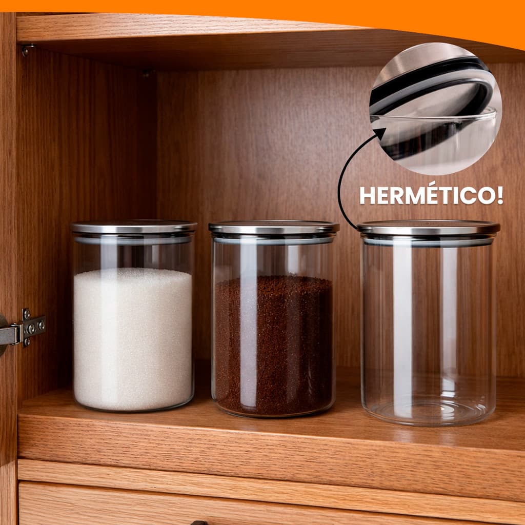 Kit 3 Potes Hermético Redondo 950ML 1/2/3/ Unds Cereais Grãos Tampa Inox Porta Condimentos Vedação