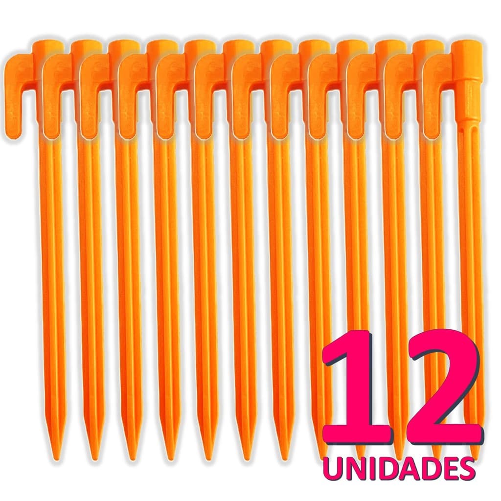Kit 12 Estaca Espeque Plástico 14cm Laranja Para Lona Tenda Barraca Camping Praia Fixador Anti Vento