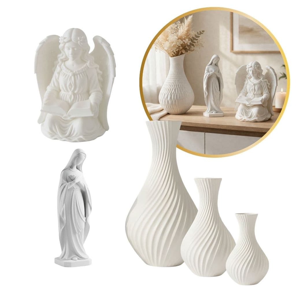 Kit Decoração 1 Anjo + 1 Nossa Senhora + 3 Vasos Brancos