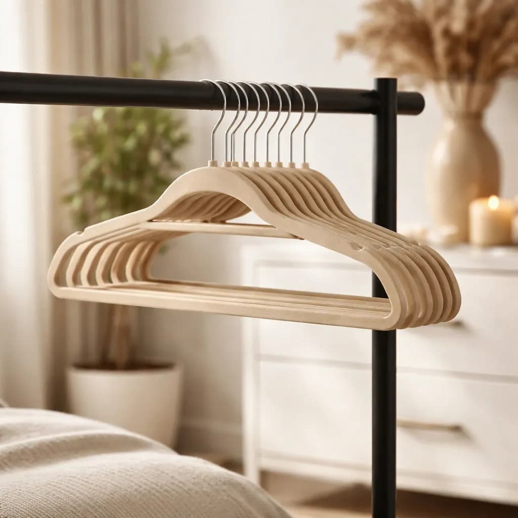 Kit 10 Cabide Slim Veludo Bege Plástico Gancho Metal Organizador Roupas Delicadas Ultrafin