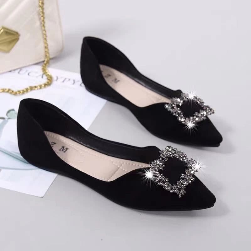 Dedo do pé apontado sapatos planos femininos 2024 primavera outono strass quatro estações preto profissional sola macia