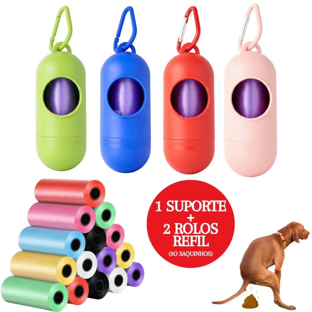 Refil Saco Cata Caca Rolinhos C/ Saquinhos + Suporte Colorido Para Pet Higiênico - Escolha Seu Kit