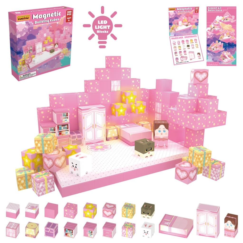 Conjunto De Blocos De Construção De Casa De Sonho De Camada Única Rosa Fofo De 200 Peças Com 4 Brilhantes De LED Embutid
