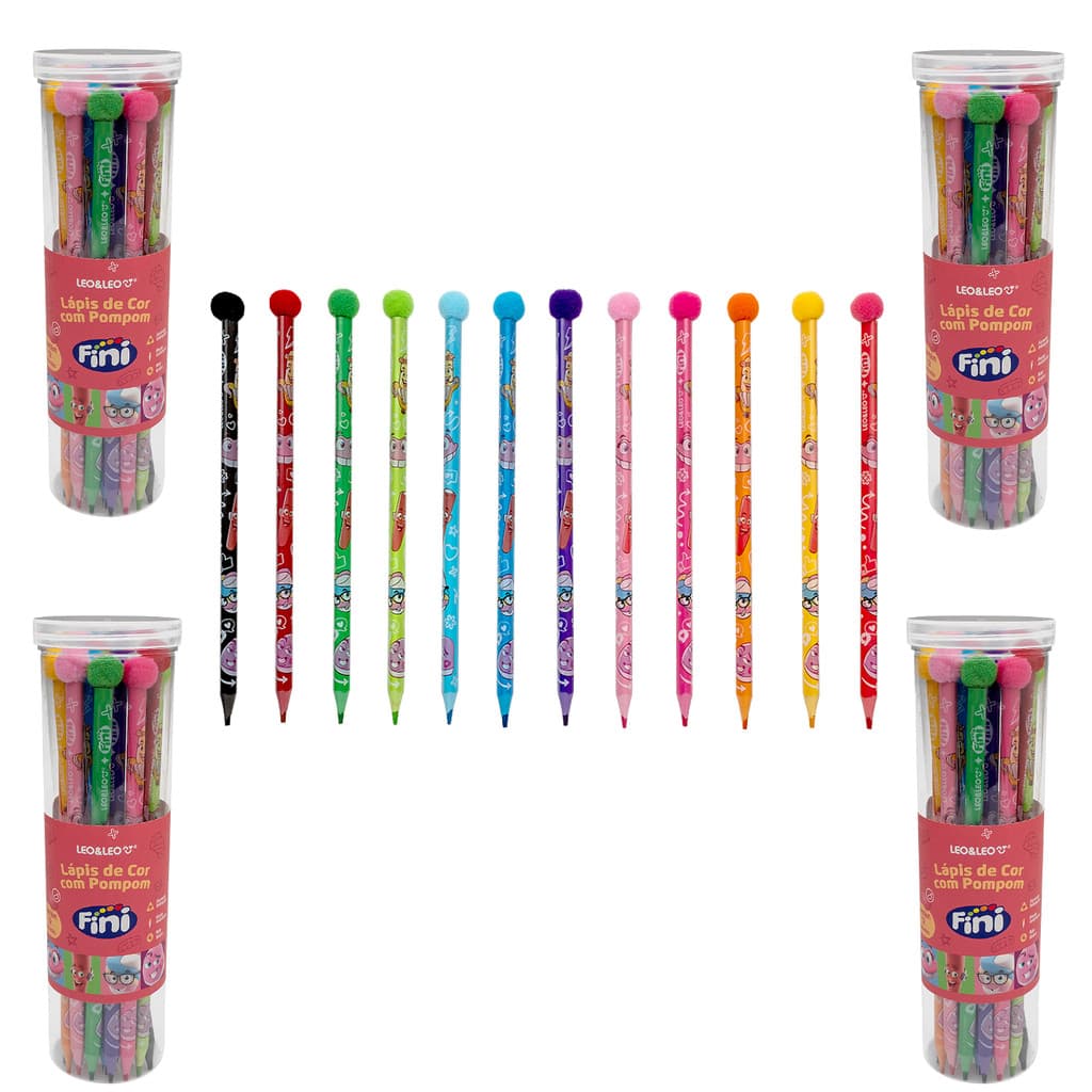 Kit Lápis de Cor Fini com Pompom 12 Cores + Estojo Plástico Leo&Leo