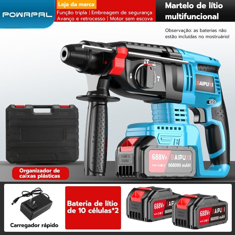 Triturador de martelo rotativo 1800W (110/220V) 6000RPM 108NM - 2 baterias de 21V 2600mAh